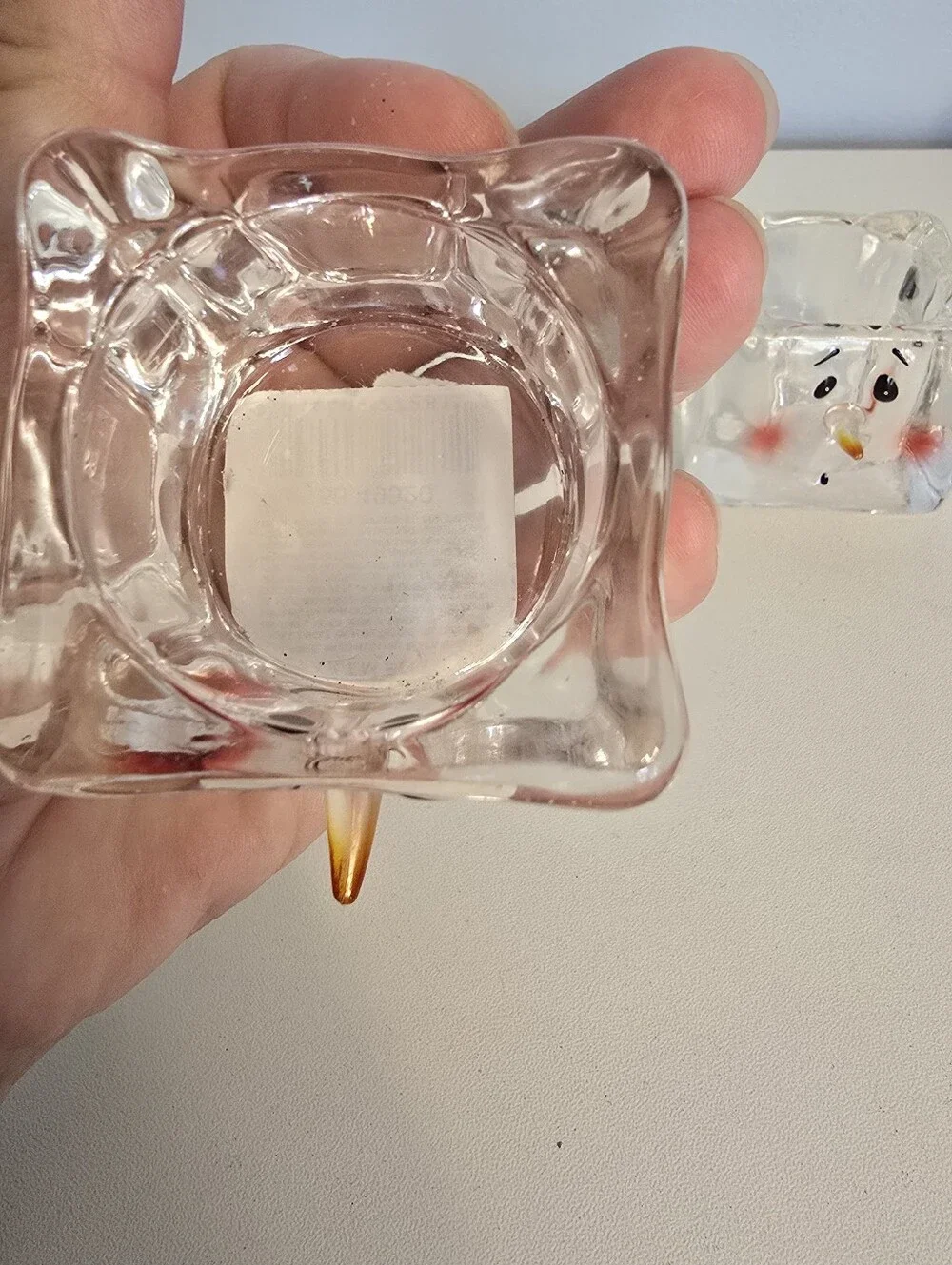 2 Department Dept. 56 Clear Glass Ice Cube Snowman Faces Candle Holders